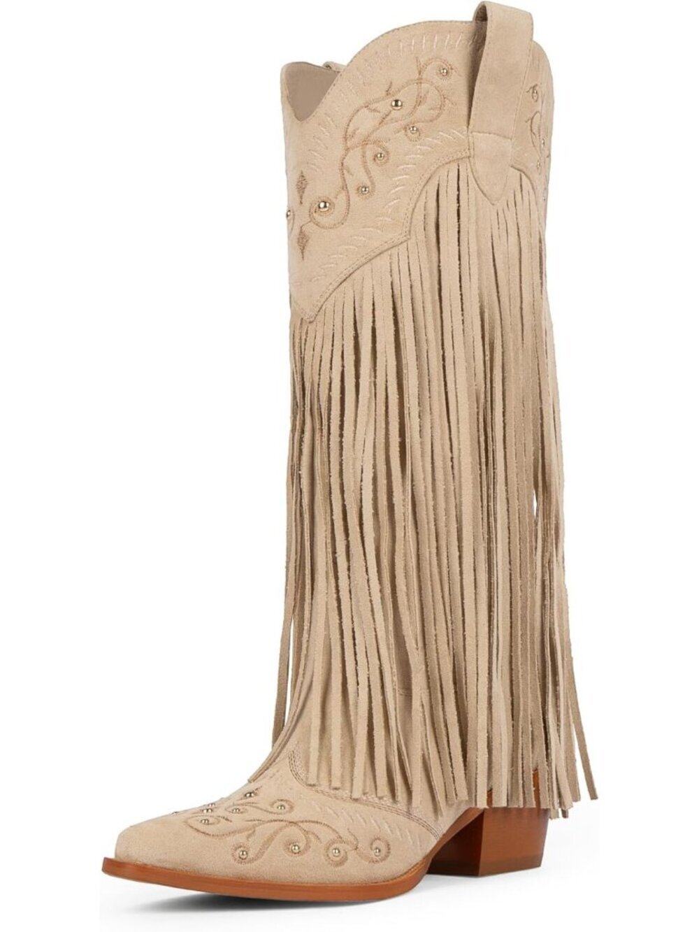 Women's Fringe Knee High Boots Beige Embroidered Cowgirl Pointed Toe Chunky Heel